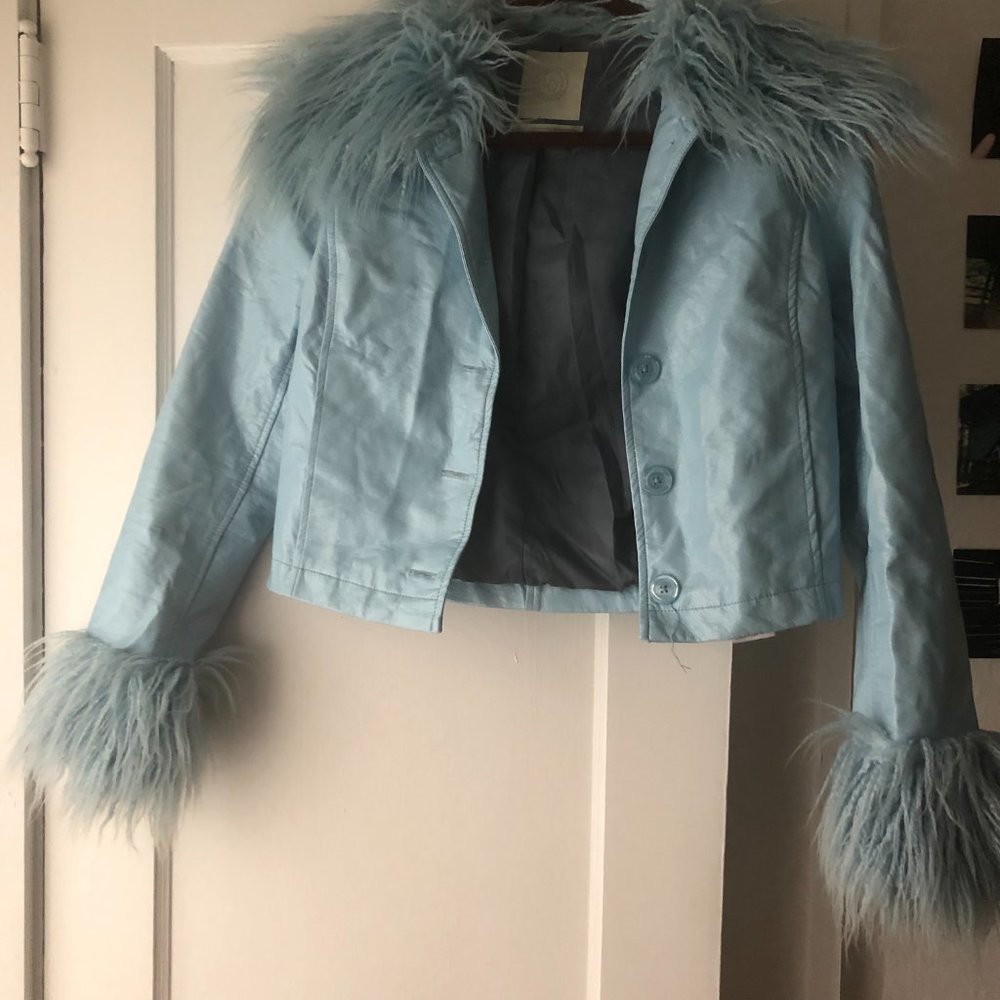 Women's Blue Uo Mia Pleather Faux Fur Trim Jacket Size Small